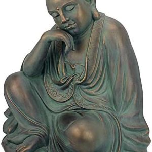 Design Toscano Kaiyuan Temple Pondering Man Asian Garden Statue, 21 inches Wide, 22 inches Tall, Cast Stone Resin, Green Bronze Finish