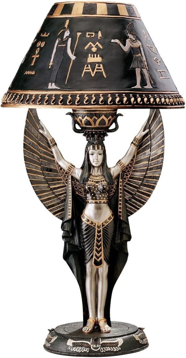 Design Toscano Egyptian Diety Isis Table Lamp Light Fixture Statue, Set of Two, 9 inches wide, 17 inches tall, Black & Gold Finish